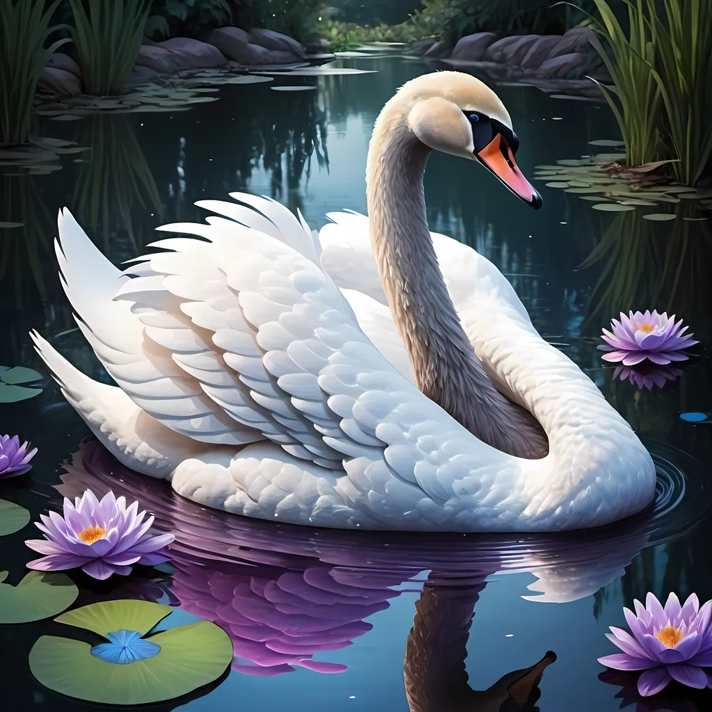 Prompt: A beautiful swan in a pond with female eyes in Disney type design with blue and purple colours 