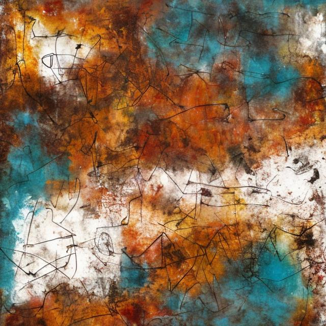 Prompt: a large piece of paper with a grungy design on it in rust, brown and blue, paper texture, an abstract painting.  Add tatters and torn parts.  More textures