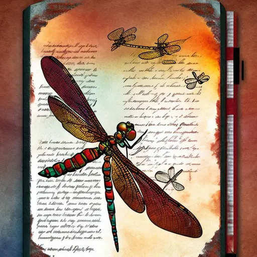 Prompt: design a junk journal 2 page letter size digital with a dragonfly against a distressed sunset in red, rust and amber with some deep blue colors