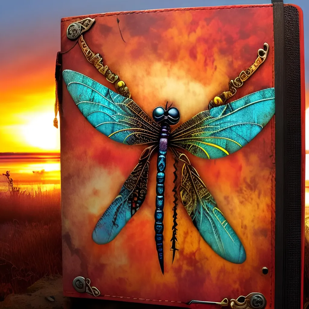 Prompt: design a junk journal digital with a dragonfly against a distressed sunset in red, rust and amber colors