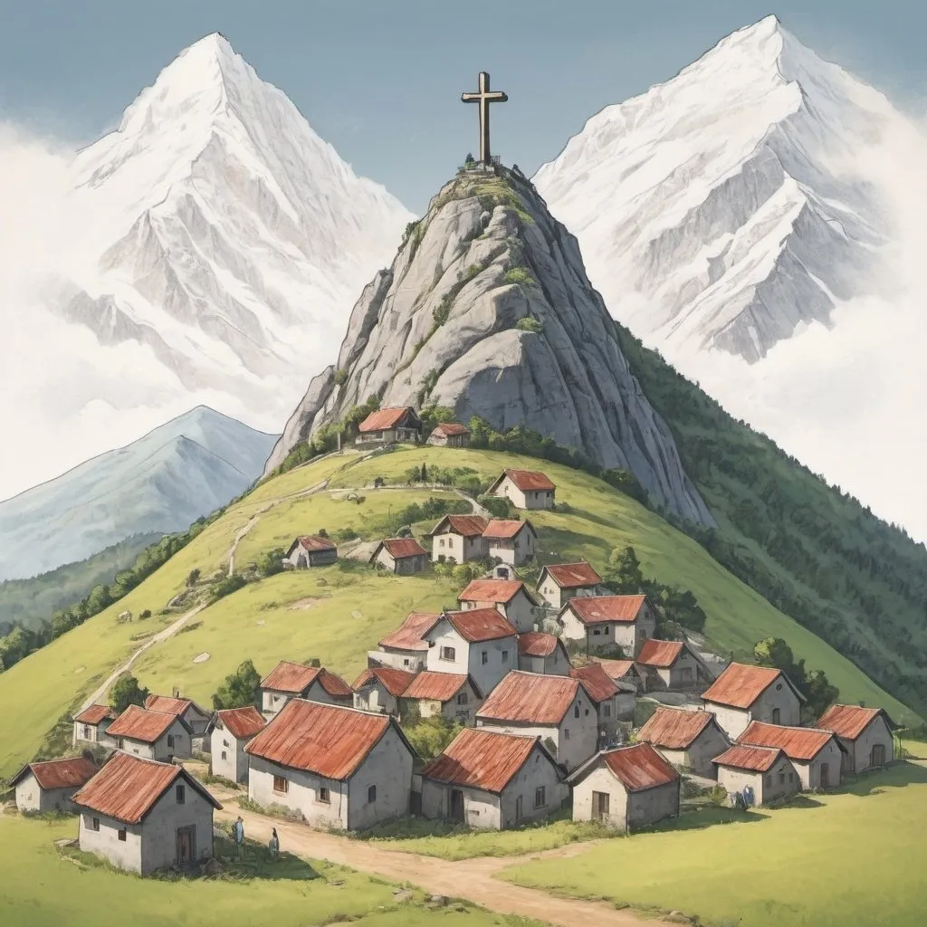 Prompt: Draw me a big mountain on top of which there is a historic Christian village