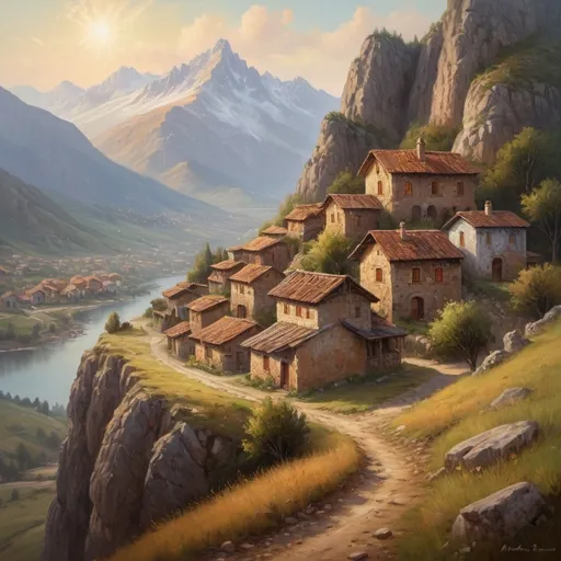 Prompt: Big mountain with historic Christian village on top, traditional oil painting, detailed landscape, high quality, realistic, warm tones, soft lighting, mountain village, historic, Christian, traditional architecture, serene atmosphere, scenic, vast landscape, cozy village houses, peaceful, countryside, oil painting, detailed textures, scenic viewpoint, distant horizon, rugged terrain