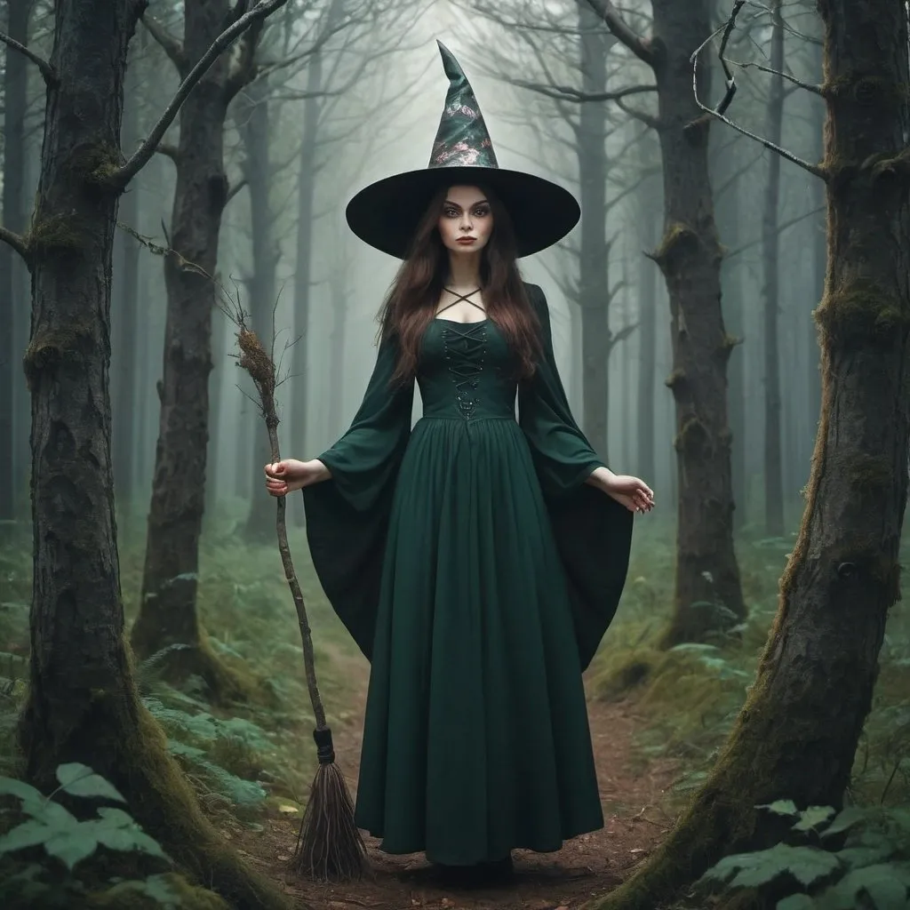 Prompt: Draw me a forest with a witch from Russian fairy tales