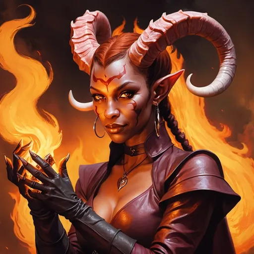 Prompt: <mymodel> hyper-realistic Tiefling character with fire hands, fantasy character art, illustration, dnd, warm tone