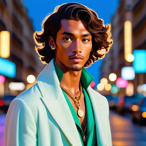 Prompt: The Hawaiian prince Kamualii is wearing custom Gucci. Relaxed style with an unbuttoned coat. He has a very tanned complexion, short wavy hair, and soft Hawaiian facial features. It is Paris Fashion Week. He also wears a gold choker. The dark city is lit up in the background. Full shot, cinematic, high definition, neon colors, moonlight, vanishing point.