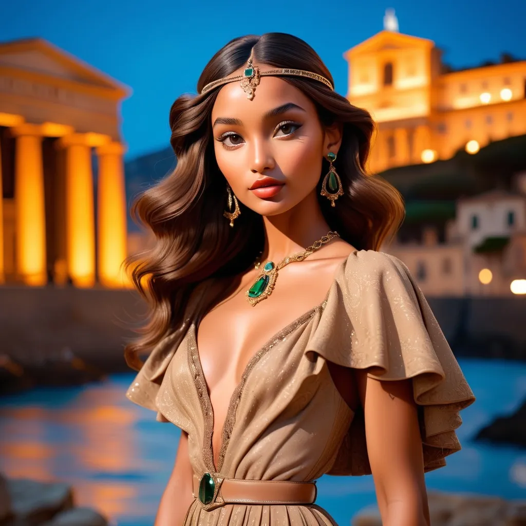 Prompt: An image of Hawaiian princess Kaahumanu layered in vintage Valentino. She has a dark tan and defined Hawaiian facial features. She is in Italy for Rome Fashion Week. It is nighttime, chilly, with Roman landmarks in the background. Wide angle, cinematic, high definition, complementary colors, vanishing point.