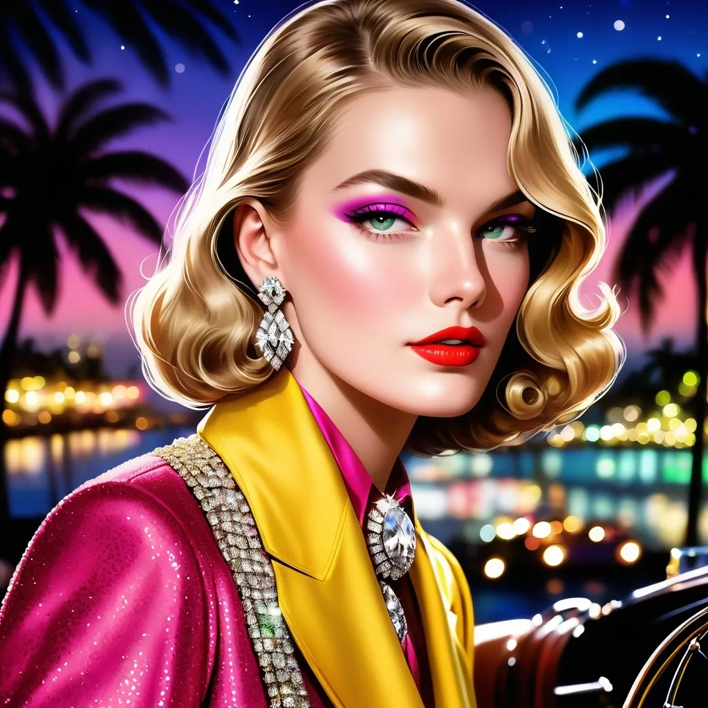 Prompt: Doris Duke is an American heiress, living best life in Honolulu, Great Gatsby, roaring twenties, filthy rich. She is wearing a colorful vintage Dior outfit. Sparkling eyes, flawless skin, high cheekbones. It is fashion week. High definition, bold, complementary colors, dramatic, Honolulu city at night. 