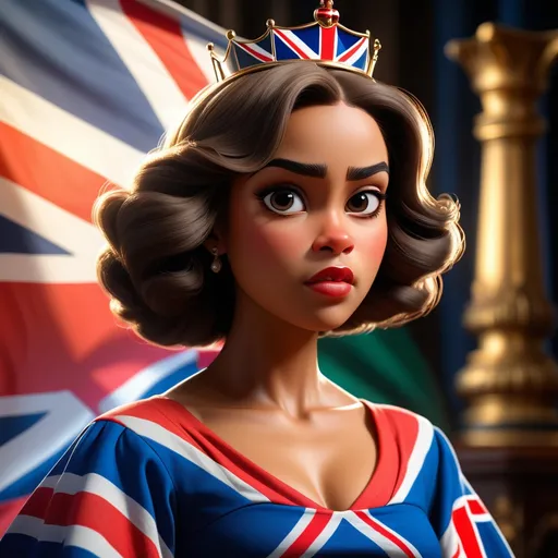 Prompt: Image of Princess Kaahumanu. Dressed in British royal fashion with a Hawaiian flag in the background. light and shadow, masterpiece 8K HDR, chiaroscuro, atmospheric lighting