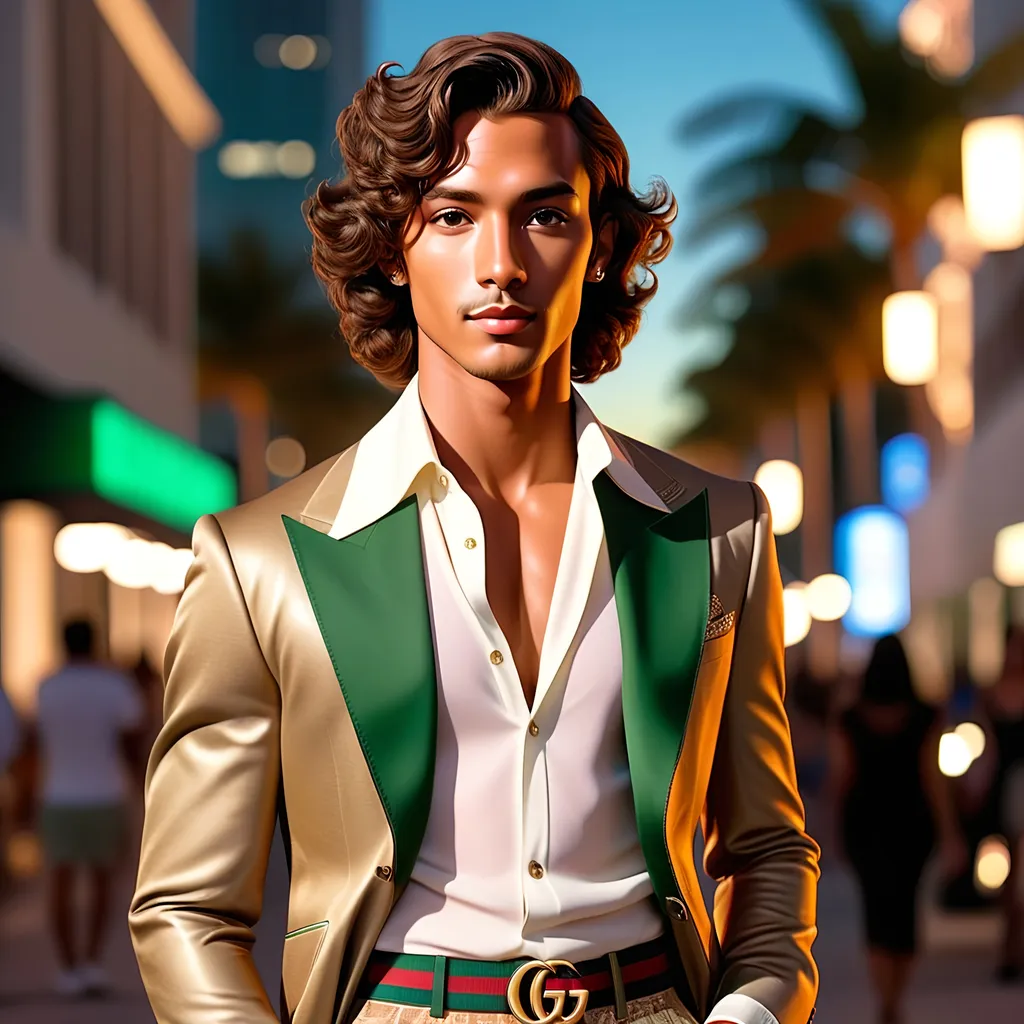 Prompt: An image of Hawaiian prince Kamualii dressed in a casual, open Gucci outfit. He has tanned skin, short wavy hair, and soft Hawaiian facial features. He is in Miami for Fashion Week. It is nighttime and the Miami party scene is visible in the background. Wide angle, cinematic, high definition, vanishing point.