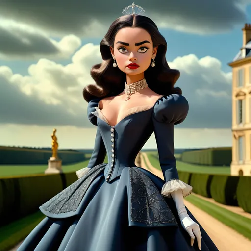 Prompt: An image of princess Kaiulani dressed in vintage Dior. She is visiting royalty at Versailles. The French countryside is in the background. Medium shot, cinematic, Dramatic lighting, complementary colors, high definition, vanishing point.