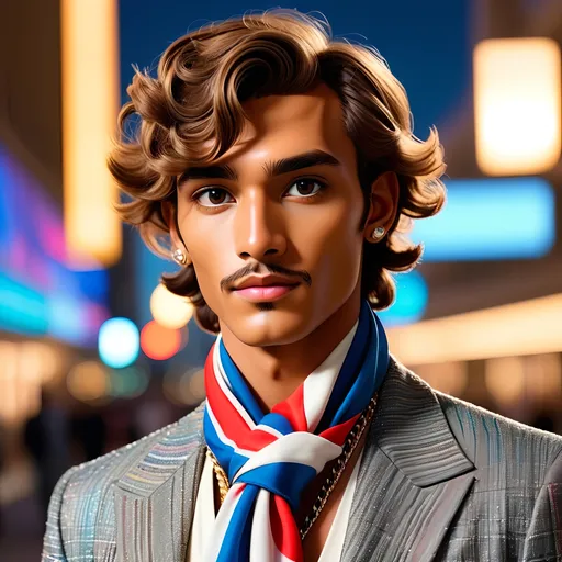 Prompt: An image of Hawaiian prince Kamualii dressed in Chanel. He has a silk scarf that resembles the Hawaiian flag tied about his neck. He has tanned skin, very short wavy hair, and soft Hawaiian facial features. He is in Dubai for Fashion Week. It is nighttime and the city lights are colorful. Wide angle, cinematic, high definition, analogous colors, vanishing point.