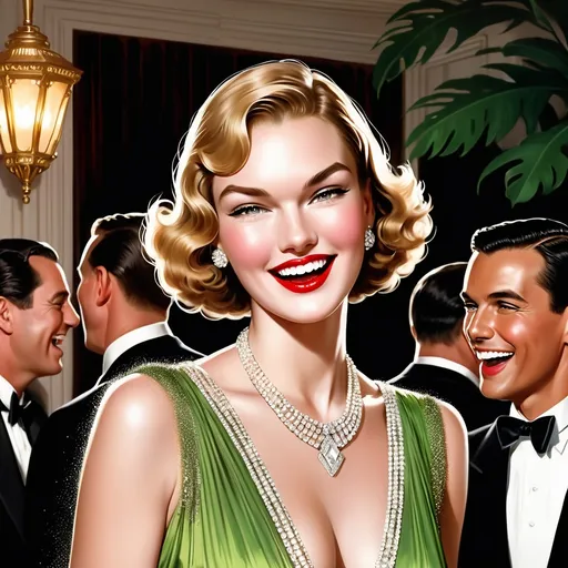 Prompt: Doris Duke is an American heiress, living best life in Honolulu, roaring twenties. She is wearing a vintage Givenchy outfit and is laughing with guests at a lavish dinner party. Sparkling eyes, flawless skin, high cheekbones.  High definition, bold, complementary colors, dramatic, sultry, nighttime. 