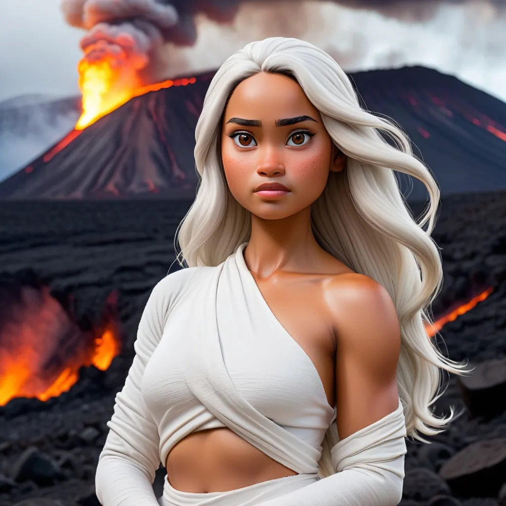 Prompt: Image of Princess Kaahumanu. Dressed in simple, traditional white kapa material that wraps her body, with a backdrop of Kilauea volcano. 