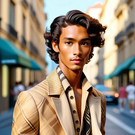 Prompt: An image of Hawaiian prince Kamualii wearing vintage Burberry. He is in Milan for Fashion Week. He has a tanned complexion, very short wavy hair, and soft Hawaiian facial features. Cheeky, mischievous. The vibrant city is in the background. It is summertime and evening. Full shot, cinematic, high definition, vanishing point, complementary colors. 