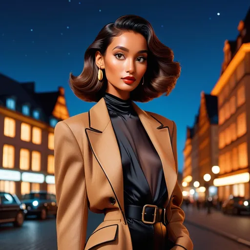 Prompt: An image of Hawaiian princess Kaahumanu dressed in vintage Celine. She has a very dark tan and defined Hawaiian facial features. She is in Germany for Berlin Fashion Week. It is nighttime, chilly, with German landmarks in the background. Wide angle, cinematic, high definition, complementary colors, vanishing point.