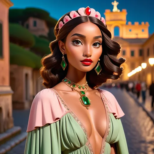 Prompt: An image of Hawaiian princess Kaahumanu layered in vintage Valentino. She has a dark tan and defined Hawaiian facial features. She is in Italy for Rome Fashion Week. It is nighttime, chilly, with Roman landmarks in the background. Wide angle, cinematic, high definition, complementary colors, green, red, pink, vanishing point.