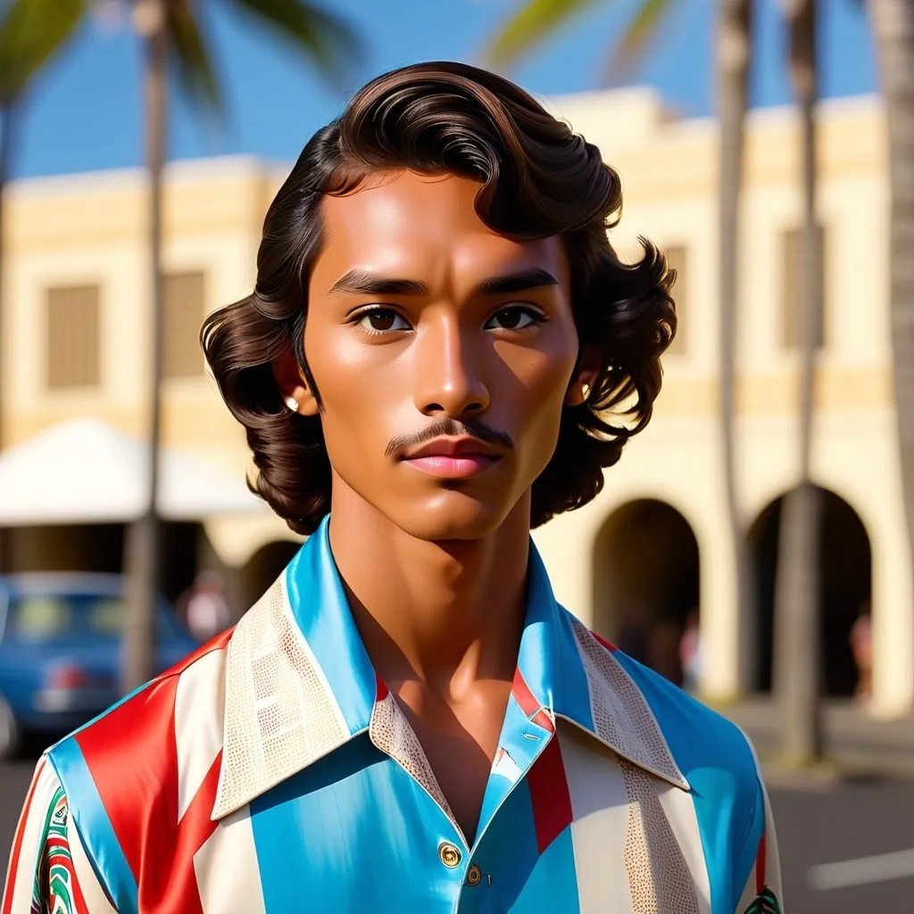 Prompt: The Hawaiian prince Kamualii is wearing a loose vintage Gucci shirt. He wears a short silk scarf around his neck that is patterned after the Hawaiian flag. He has a very tanned complexion, short wavy hair, and soft Hawaiian facial features. It is Fashion Week in Hilo. Full shot, cinematic, high definition, monochromatic colors, and a vanishing point.