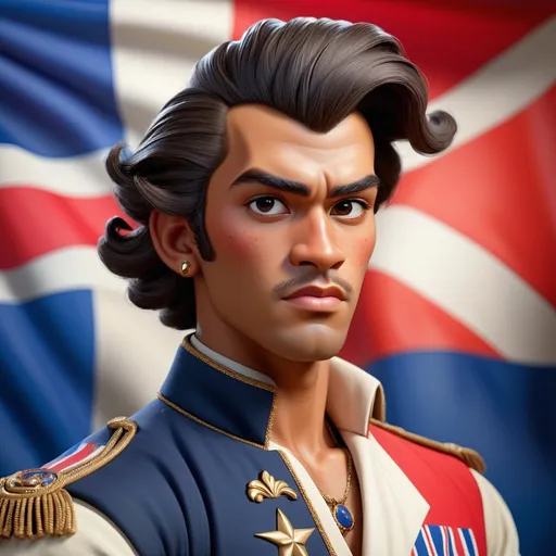 Prompt: A hyper realistic image of a Hawaiian prince kamualii. He is dressed in the style of French royalty and the hawaiian flag in background. He has defined features, optimistic, striking hairstyle.