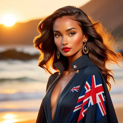 Prompt: An image of Hawaiian princess Kaahumanu dressed in vintage Ralph Lauren. She has a very dark tan and defined Hawaiian facial features. She is in South Africa for Fashion Week. It is sunset hour and Cape Town along with the South African flag fill in the background. Wide angle, cinematic, high definition, complementary colors, vanishing point.