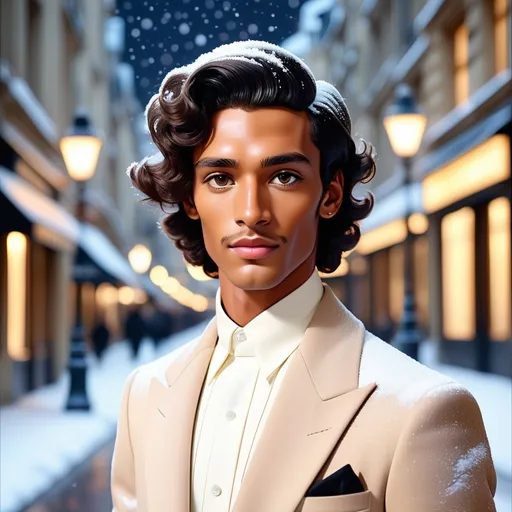 Prompt: An image of Hawaiian prince Kamualii dressed in vintage Givenchy. He has very tanned skin, very short dark wavy hair, and soft Hawaiian facial features. He is in Paris for Fashion Week and it is wintertime. Medium shot, cinematic, high definition, vanishing point, nighttime, snowfall, city lights, monochromatic colors.