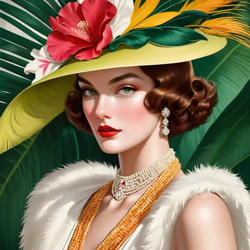 Prompt: Doris Duke is an American heiress, living best life in Honolulu, roaring twenties. She is wearing a vintage Givenchy outfit. Sparkling eyes, flawless skin, high cheekbones. It is fashion week. High definition, bold, complementary colors, dramatic, sultry. 