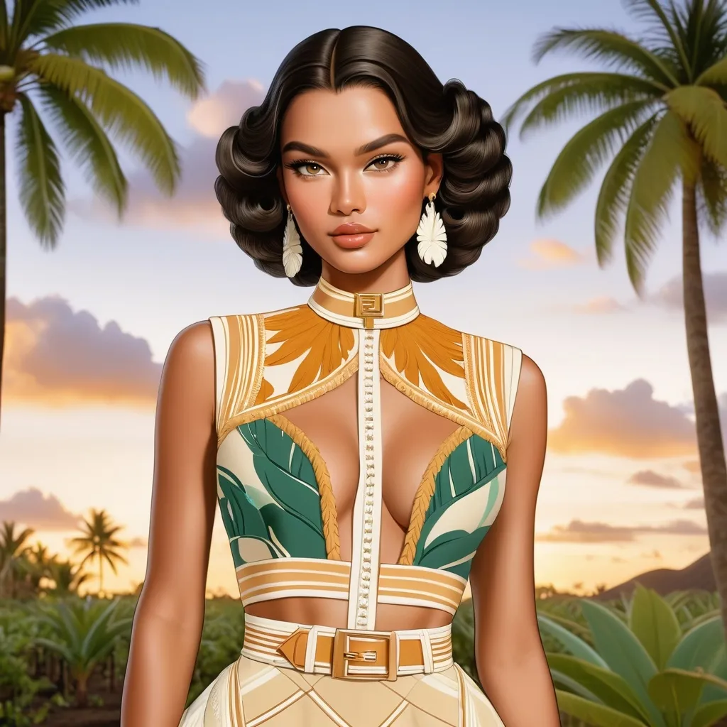 Prompt: Queen Kaahumanu wears a vintage Fendi outfit. She has a dark tan with soft Polynesian facial features. In the background there is a sugar plantation. It is fashion week. Complementary colors, high definition, dusk.