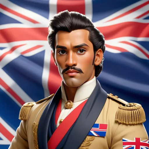 Prompt: An image of a Hawaiian prince, Kamehameha. He is dressed loosely in style of british royalty. There is a hawaiian flag in background.