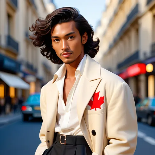 Prompt: The Hawaiian prince Kamualii is wearing vintage Celine. Relaxed style with an unbuttoned coat. He has a medium tanned complexion, very short wavy hair, and soft Hawaiian facial features. It is Paris Fashion Week. He has a silk handkerchief that resembles the Hawaiian flag tied in his hair. The dark city is lit up in the background. Full shot, cinematic, high definition, vanishing point. 