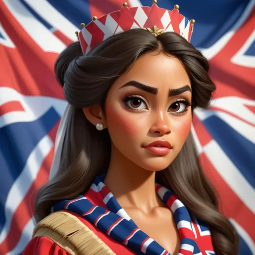 Prompt: A hyper realistic image of a Hawaiian princess Kaiulani. She is dressed in the style of British royalty and the hawaiian flag in background.