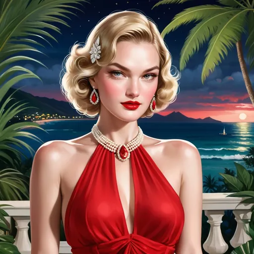 Prompt: Doris Duke is an American heiress, living best life in Honolulu, Great Gatsby Party, roaring twenties, oceanside estate. She is wearing red vintage Valentino and tasteful jewelry. Sparkling eyes, flawless skin, high cheekbones. It is fashion week. High definition, bold, complementary colors, dramatic, Honolulu city at night. 