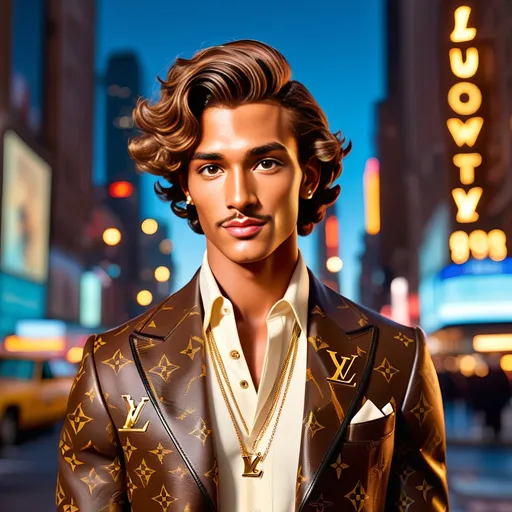 Prompt: An image of Hawaiian prince Kamualii dressed in a vintage Louis Vuitton. He has very tanned skin, short wavy hair, and soft Hawaiian facial features. He is in New York for Fashion Week. It is nighttime, chilly, with the New York landmarks are visible in the background. Wide angle, cinematic, high definition, complementary colors, vanishing point.