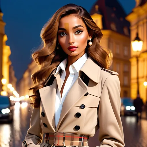 Prompt: An image of Hawaiian princess Kaahumanu dressed in a blouse and Burberry overcoat. She has a dark tan and defined Hawaiian facial features. She is in Prague for Fashion Week. It is nighttime, chilly, with the Prague landmarks are visible in the background. Wide angle, cinematic, high definition, complementary colors, vanishing point.