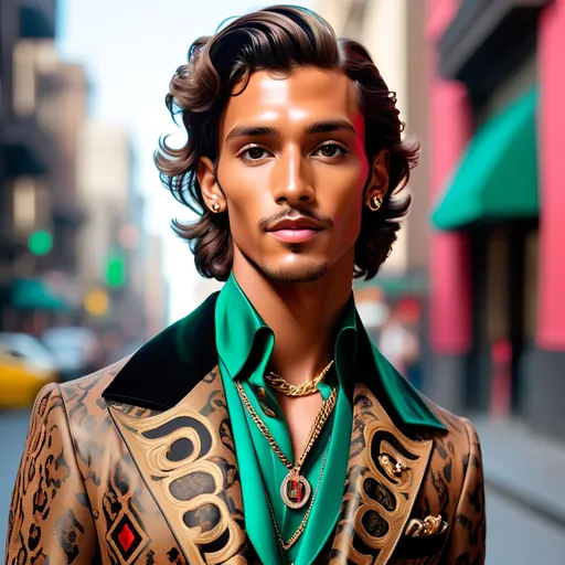 Prompt: An image of Hawaiian prince Kamualii dressed in a bold Gucci outfit. Unbuttoned coat. He has very tanned skin, very short dark wavy hair, and soft Hawaiian facial features. He is in Mexico City for Fashion Week. Medium shot, cinematic, high definition, secondary colors, vanishing point, intricate detail, unique jewelry, light masculine makeup.