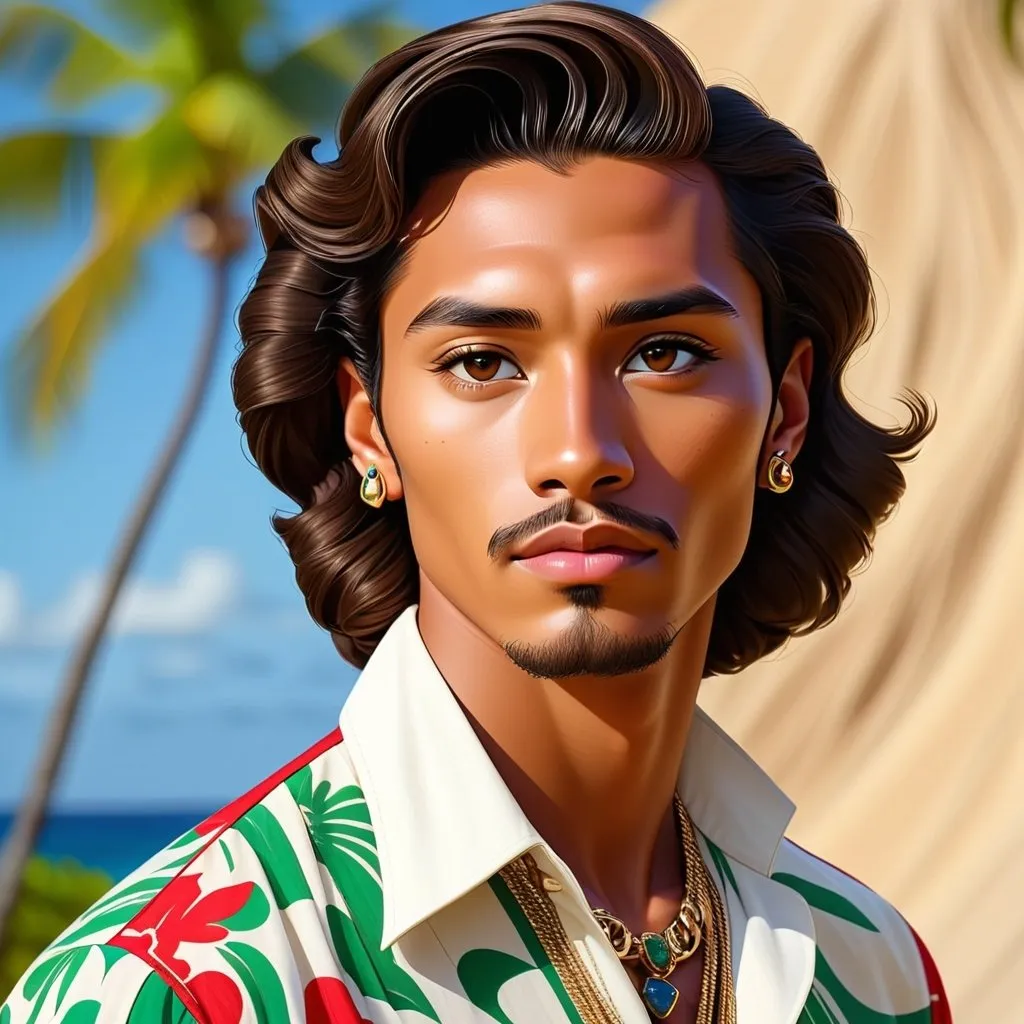 Prompt: The Hawaiian prince Kamualii is wearing a loose vintage Gucci shirt and unique but simple jewelry. He has a very tanned complexion, very short wavy hair, and soft Hawaiian facial features. It is Fashion Week in Hilo. Full shot, cinematic, high definition, monochromatic colors, and a vanishing point.