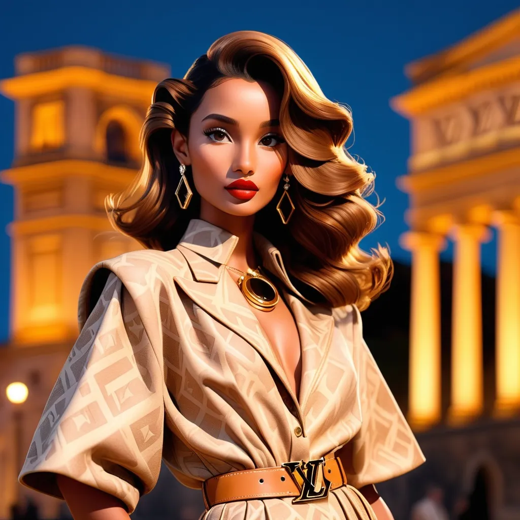 Prompt: An image of Hawaiian princess Kaahumanu dressed in a 1990s Louis Vuitton ensemble. She has a dark tan and defined Hawaiian facial features. She is in Italy for Rome Fashion Week. It is nighttime, chilly, with Roman landmarks in the background. Wide angle, cinematic, high definition, complementary colors, vanishing point.