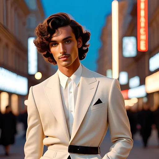 Prompt: An image of Hawaiian prince Kamualii dressed in vintage Celine. He has very tanned skin, very short dark wavy hair, and soft Hawaiian facial features. He is in the Moscow for Fashion Week. Medium shot, cinematic, high definition, vanishing point, nighttime, city lights, monochromatic colors.