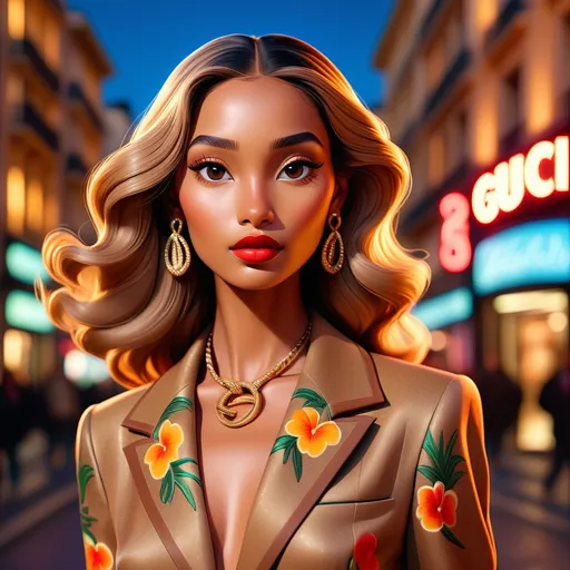 Prompt: An image of Hawaiian princess Kaahumanu dressed in vintage Gucci. Light brown complexion and defined Hawaiian facial features. She is in France for Paris Fashion Week. It is nighttime and the city is colorful in the background. Wide angle, cinematic, high definition, complementary colors, vanishing point.