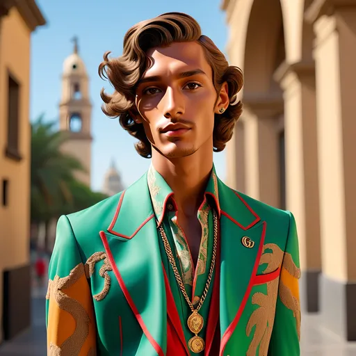 Prompt: An image of Hawaiian prince Kamualii dressed in a relaxed Gucci outfit. He has tanned skin, very short wavy hair, and soft Hawaiian facial features. He is in Mexico City for Fashion Week. Wide angle, cinematic, high definition, complementary colors, vanishing point.