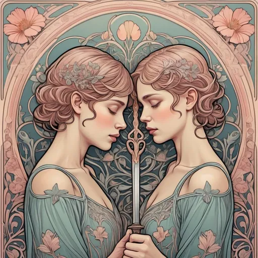 Prompt: Art Nouveau illustration of the connection between mental health and stab , intricate linework, symbolic motifs, delicate yet intense emotions, subtle detailing, pastel colors, soft lighting, best quality, detailed linework, mental health symbolism, edged weapon symbolism, intricate design, delicate emotions, pastel color palette, soft lighting