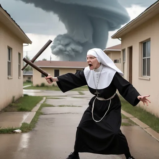 Prompt: A Catholic Nun fighting off an oncoming tornado with a pair of nunchucks outside of an orphanage