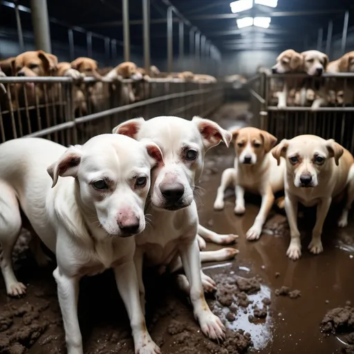 Prompt: Sad Dogs in filthy factory farm