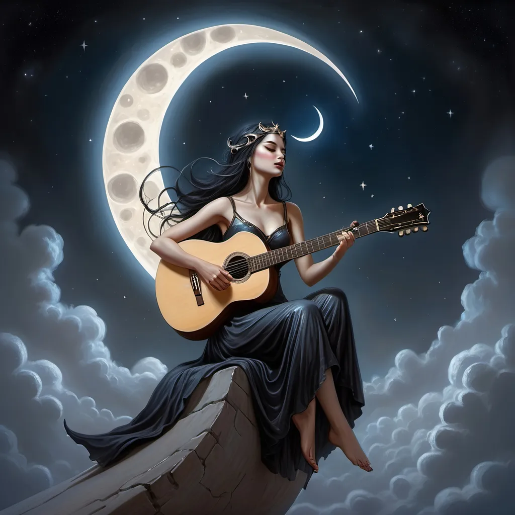 Prompt: a woman with a guitar sitting on a crescent in the sky, fantasy art, gothic art, by Todd Lockwood, very beautiful fantasy art, beautiful fantasy art, beautiful fantasy painting, moon goddess, goddess of the moon