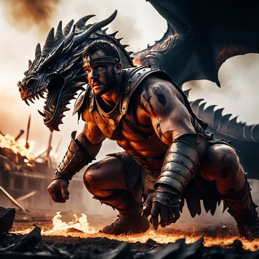 Prompt: (gladiator warrior fighting dragon), epic battle scene, intense confrontation, (dramatic lighting), flames and smoke in the background, (charred wreckage) scattered across the battleground, visceral details, high contrast colors, (4K ultra-detailed), chaotic atmosphere, (mythical creature) looming ominously, tension-filled ambiance, cinematic setting, showcasing bravery and ferocity amidst destruction.