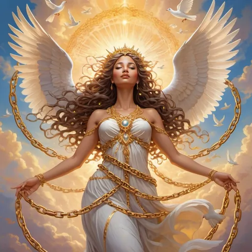 Prompt: Goddess of Freedom, (majestic pose), flowing chains, intricate details, ethereal atmosphere, shimmering golden light, vibrant colors representing liberty, softly illuminated background of clouds, serene and empowering vibe, (ultra-detailed), celestial elements reflecting hope and freedom, surrounded by doves soaring gracefully.