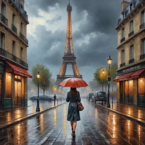 Prompt: Young lady walking alone in the rain near Eiffel Tower, oil painting, rainy atmosphere, vintage style, cool tones, detailed raindrops, melancholic expression, Parisian street lights, wet cobblestone, 4k, artistic, vintage, rainy, detailed atmosphere, Parisian, alone