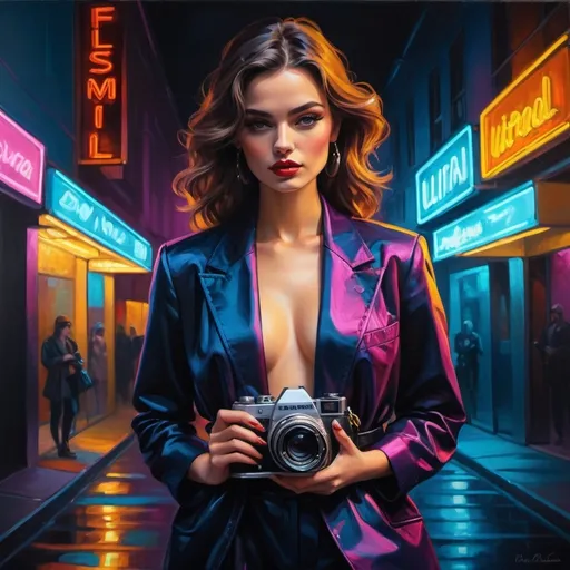 Prompt: (oil painting), (fashionista), neon light ambiance, vibrant color palette, dynamic contrast between shadows and light, stylish outfit, elegant pose, moody reflective background, urban environment, high detail, artistic masterpiece, contemporary fashion trends, visually captivating atmosphere, (ultra-detailed), holding a vintage camera 