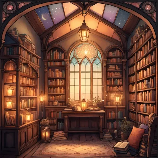 Prompt: Magical bookstore, vintage illustration, cozy atmosphere, mystical vibes, enchanted books, glowing lanterns, intricate details, warm colors, soft lighting, whimsical style, high quality, detailed, magical, vintage, cozy atmosphere, mystical, warm colors, soft lighting, whimsical, stained glass 