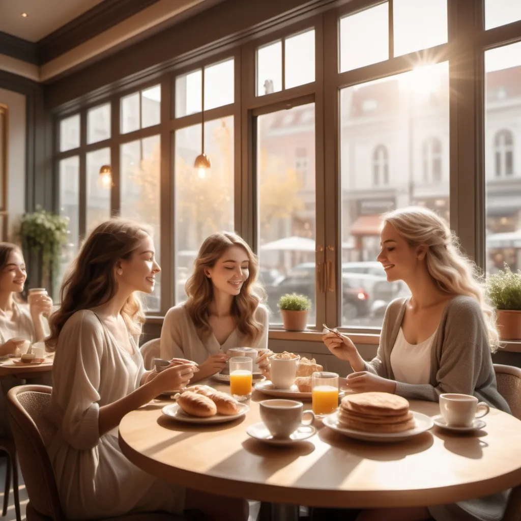 Prompt: (captivating scene) a group of ladies  enjoying breakfast at her favorite cafe, warm sunlight filtering through large windows, cozy atmosphere, chic decor with intricate details, soft colors blending harmoniously, modern furnishings, exquisite plates filled with delicious food, coffee steaming, expressing contentment and relaxation, ultra-detailed, 4K, inviting ambiance, perfect for a peaceful morning moment.