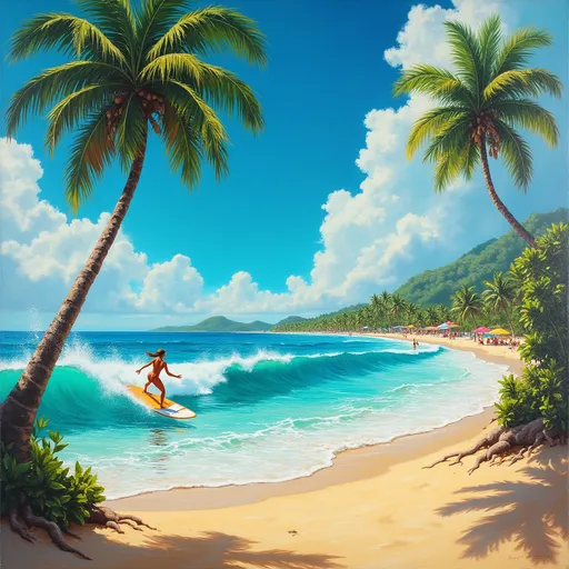 Prompt: A vibrant, high-quality oil painting depicting a lively scene of surfing on a sun-drenched beach. The azure sky is filled with fluffy white clouds, while the golden sands stretch invitingly towards the sparkling turquoise waves. Sunlight shimmers off the water, creating a dazzling array of colors. In the foreground, a skilled lady  surfer expertly rides a towering wave, their pose dynamic and exhilarating, showcasing strength and freedom. Palm trees sway gently in the warm coastal breeze, their green fronds rustling softly. In the distance, colorful beach umbrellas dot the shore as families enjoy the sun. This tropical paradise radiates joy and adventure, captured in a style reminiscent of classic beach scenes, rich in texture and warmth. 