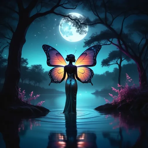 Prompt: (Elegant scene of a butterfly goddess ), (dark ambiance), (moonlit scene), shimmering water reflections, mystical atmosphere, ethereal glow, soft light, tranquil night, gentle breeze, serene nature, silhouette of trees in the background, vibrant butterfly colors against the darkness, ultra-detailed, high definition, cinematic masterpiece.